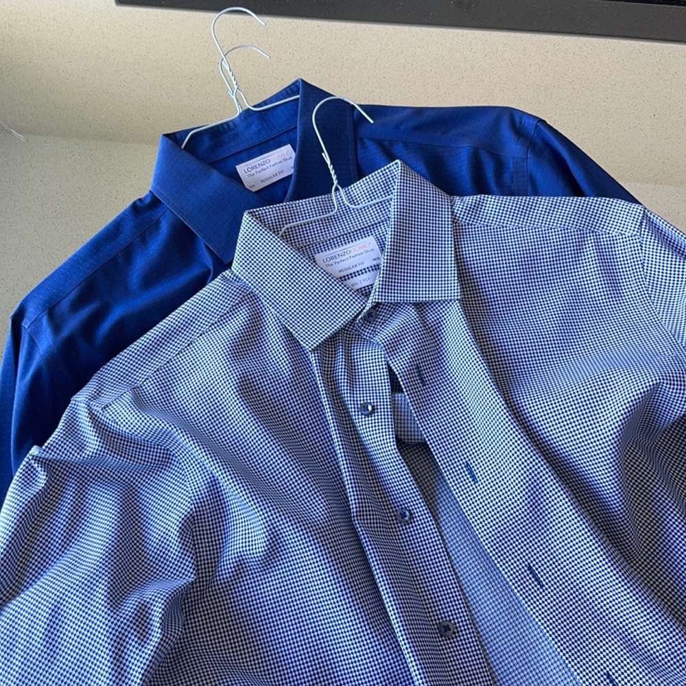 Lorenzo Uomo shirts.    I blue checked and 1 dark blue.    Sold as a bundle.